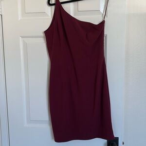 Dress The Population burgundy, one shoulder dress